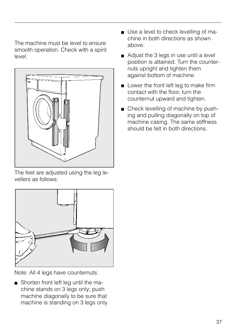 Installation, Levelling the machine | Miele NOVOTRONIC W 1903 User Manual | Page 37 / 44