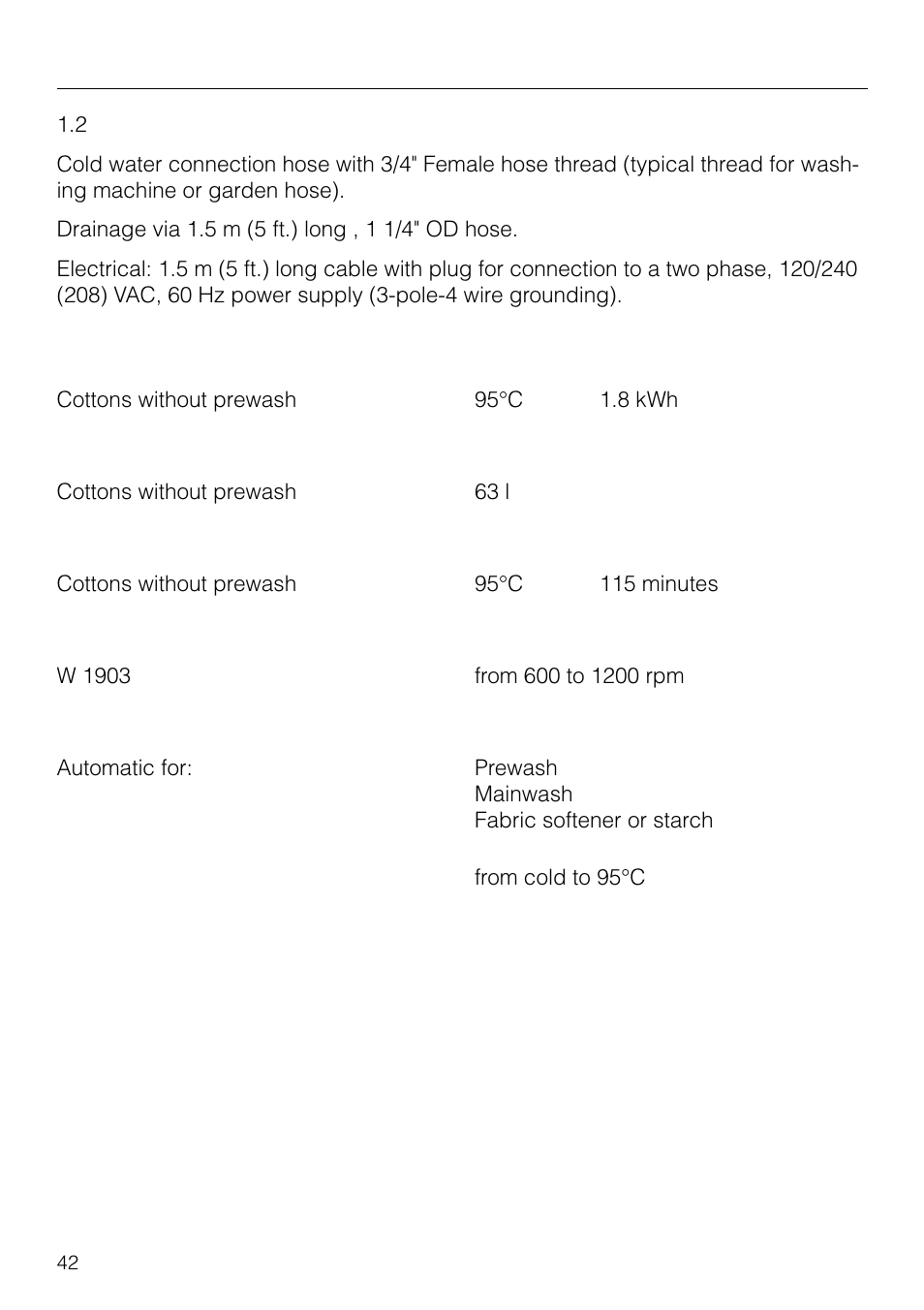 Technical data | Miele NOVOTRONIC W 1903 User Manual | Page 42 / 44