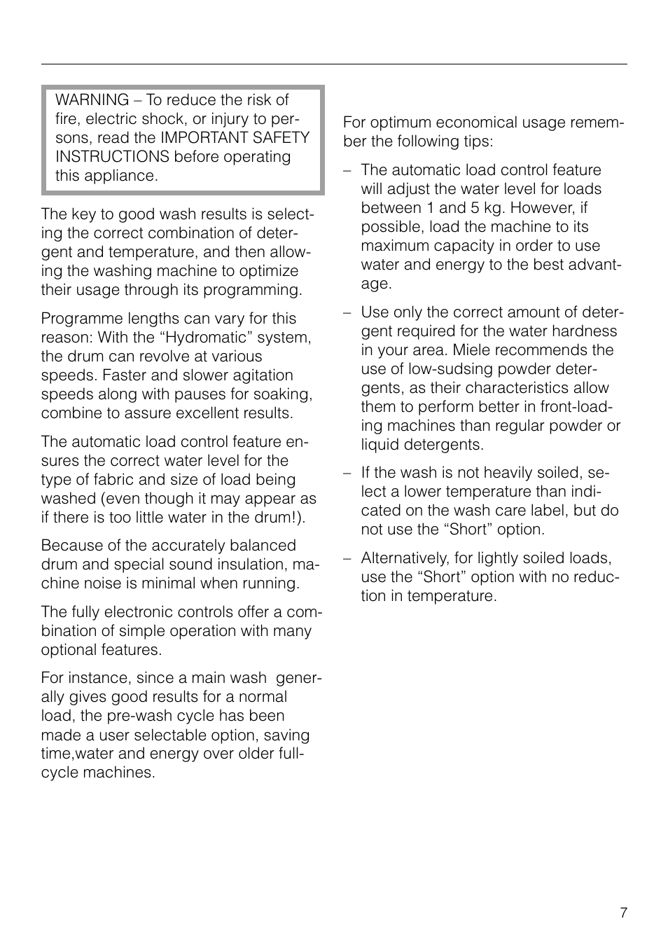 Economical usage, Economy | Miele NOVOTRONIC W 1903 User Manual | Page 7 / 44