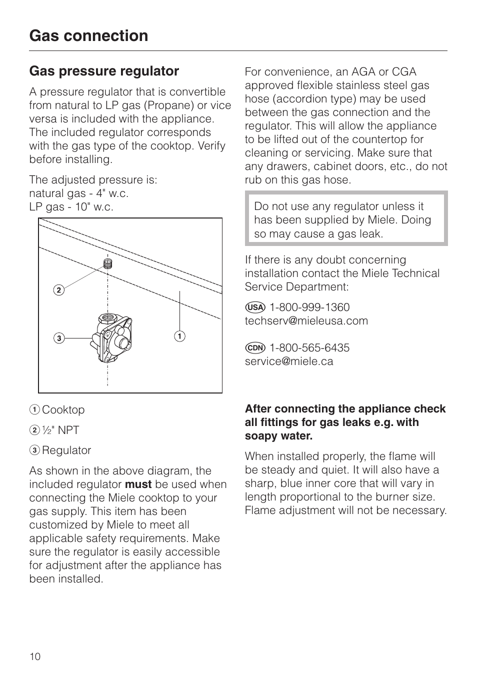 Gas pressure regulator 10, Gas connection, Gas pressure regulator | Miele KM 360 User Manual | Page 10 / 16