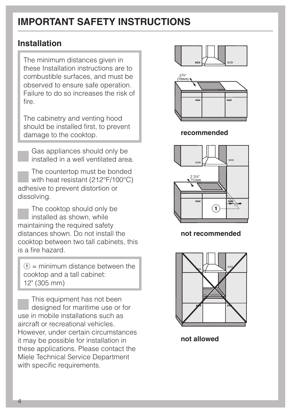 Important safety instructions 4, Important safety instructions, Installation | Miele KM 360 User Manual | Page 4 / 16