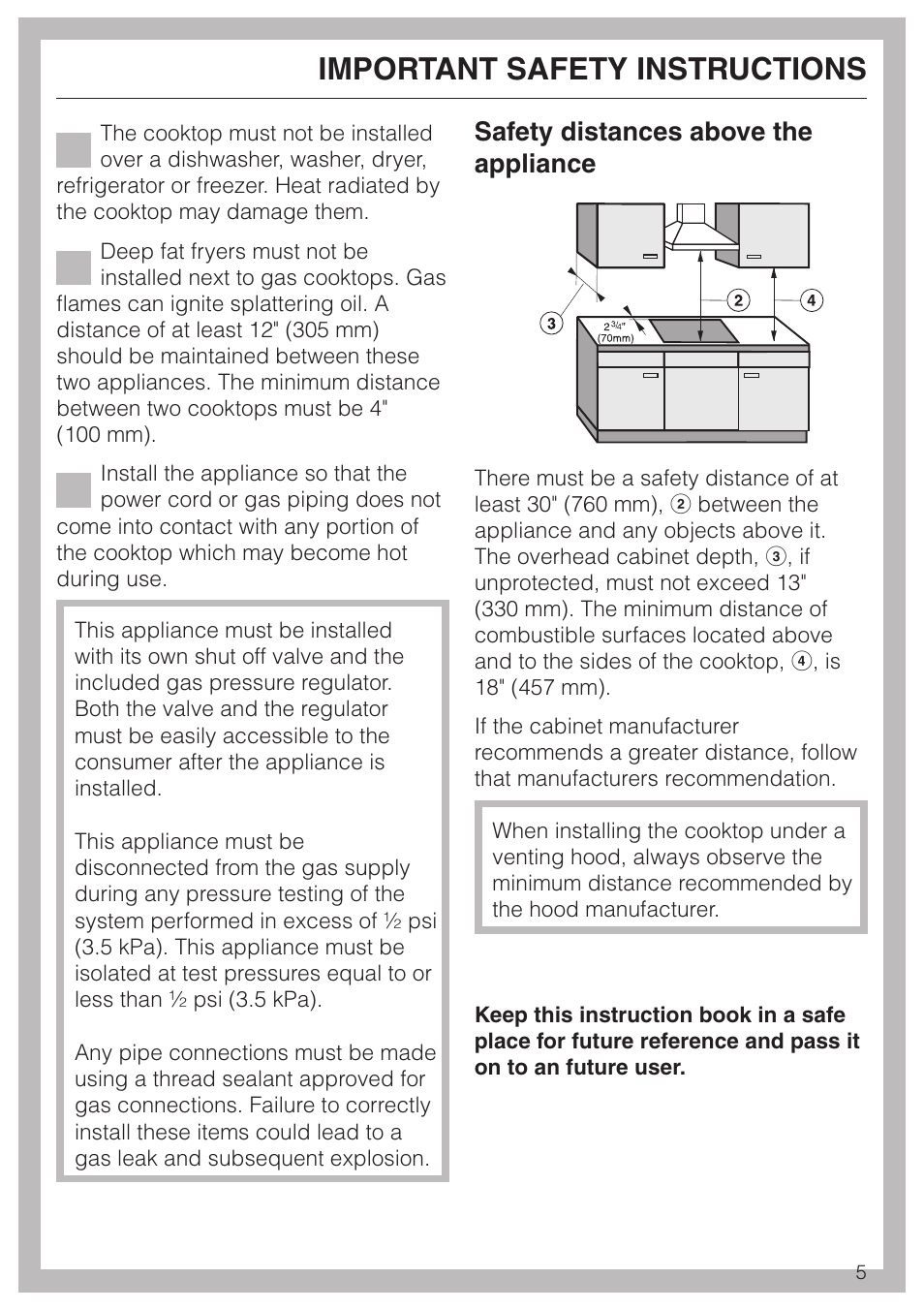 Important safety instructions, Safety distances above the appliance | Miele KM 360 User Manual | Page 5 / 16
