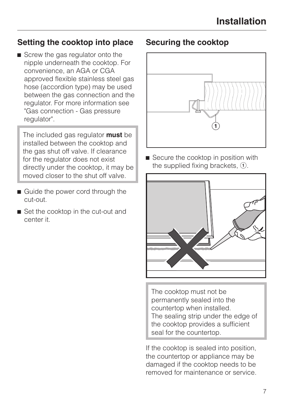 Installation 7, Setting the cooktop into place 7, Securing the cooktop 7 | Installation, Setting the cooktop into place, Securing the cooktop | Miele KM 360 User Manual | Page 7 / 16
