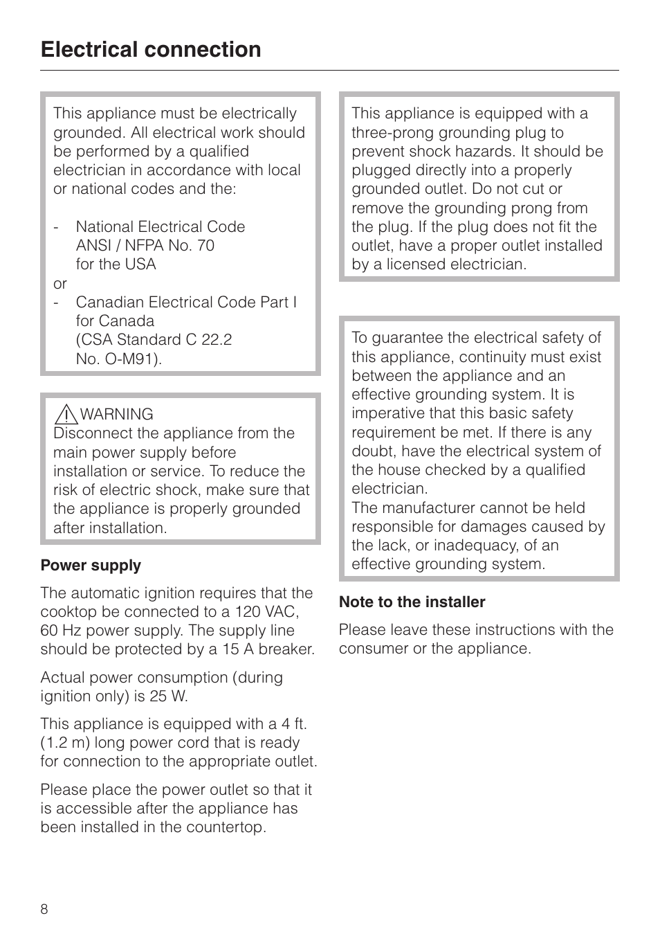 Electrical connection 8, Electrical connection | Miele KM 360 User Manual | Page 8 / 16
