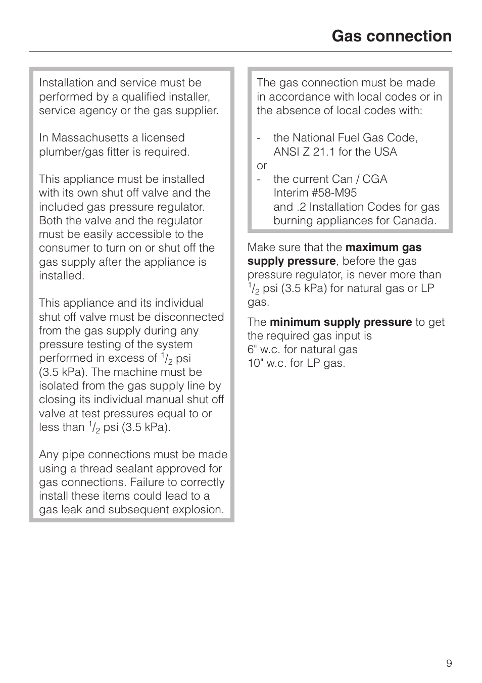 Gas connection 9, Gas connection | Miele KM 360 User Manual | Page 9 / 16