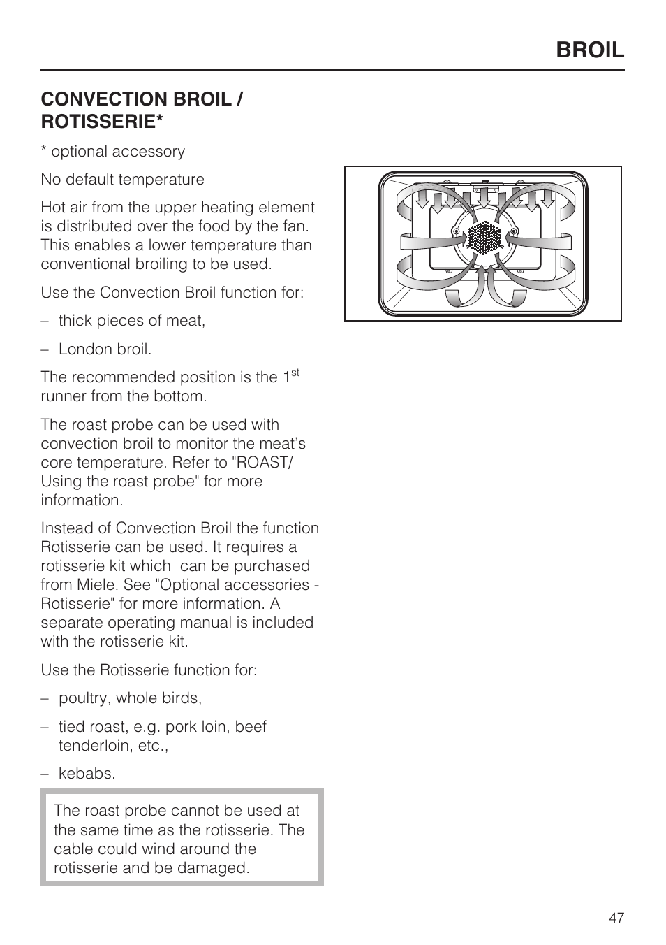 Broil, Convection broil / rotisserie | Miele H 4784 BP User Manual | Page 47 / 76