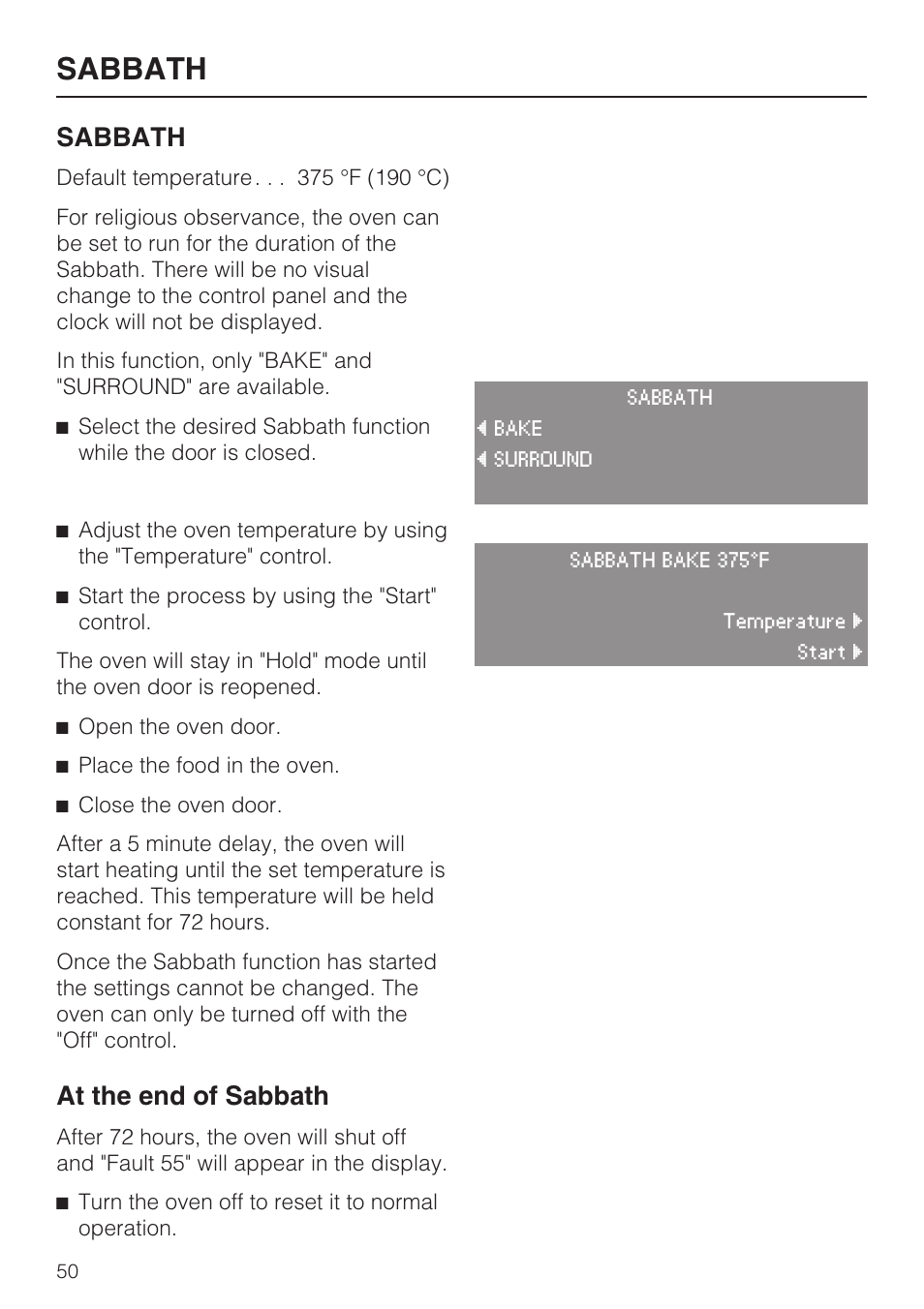 Sabbath 50, Sabbath, At the end of sabbath | Miele H 4784 BP User Manual | Page 50 / 76