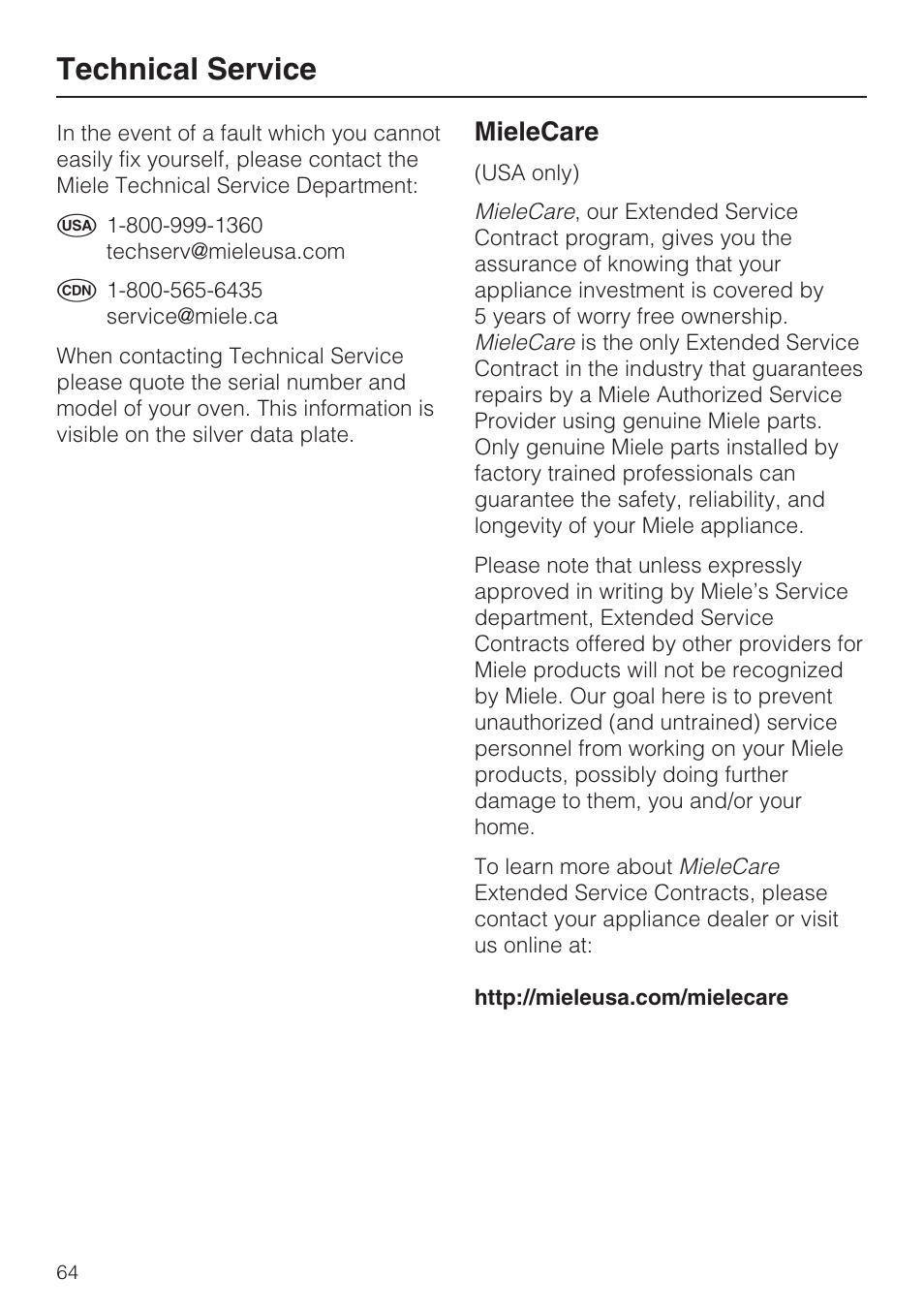 Technical service 64, Technical service, Mielecare | Miele H 4784 BP User Manual | Page 64 / 76