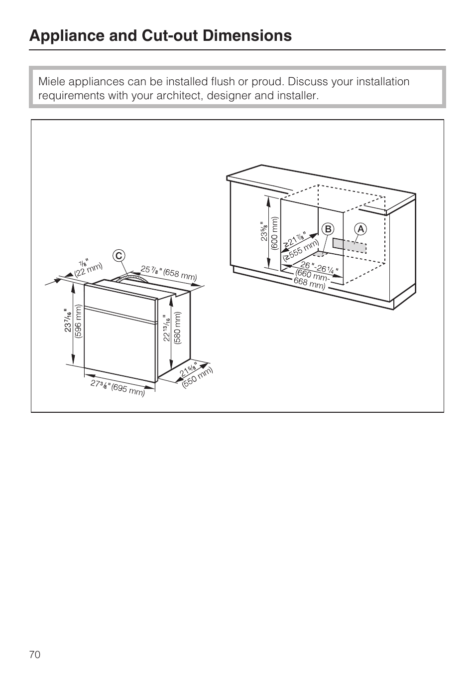 Appliance and cut-out dimensions 70, Appliance and cut-out dimensions | Miele H 4784 BP User Manual | Page 70 / 76