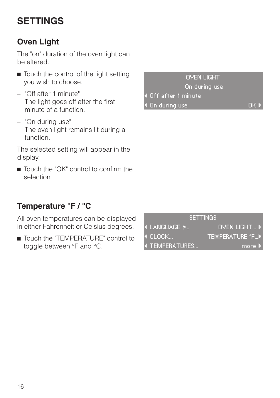 Oven light 16, Temperature °f / °c 16, Settings | Oven light, Temperature °f / °c | Miele H4880B User Manual | Page 16 / 76