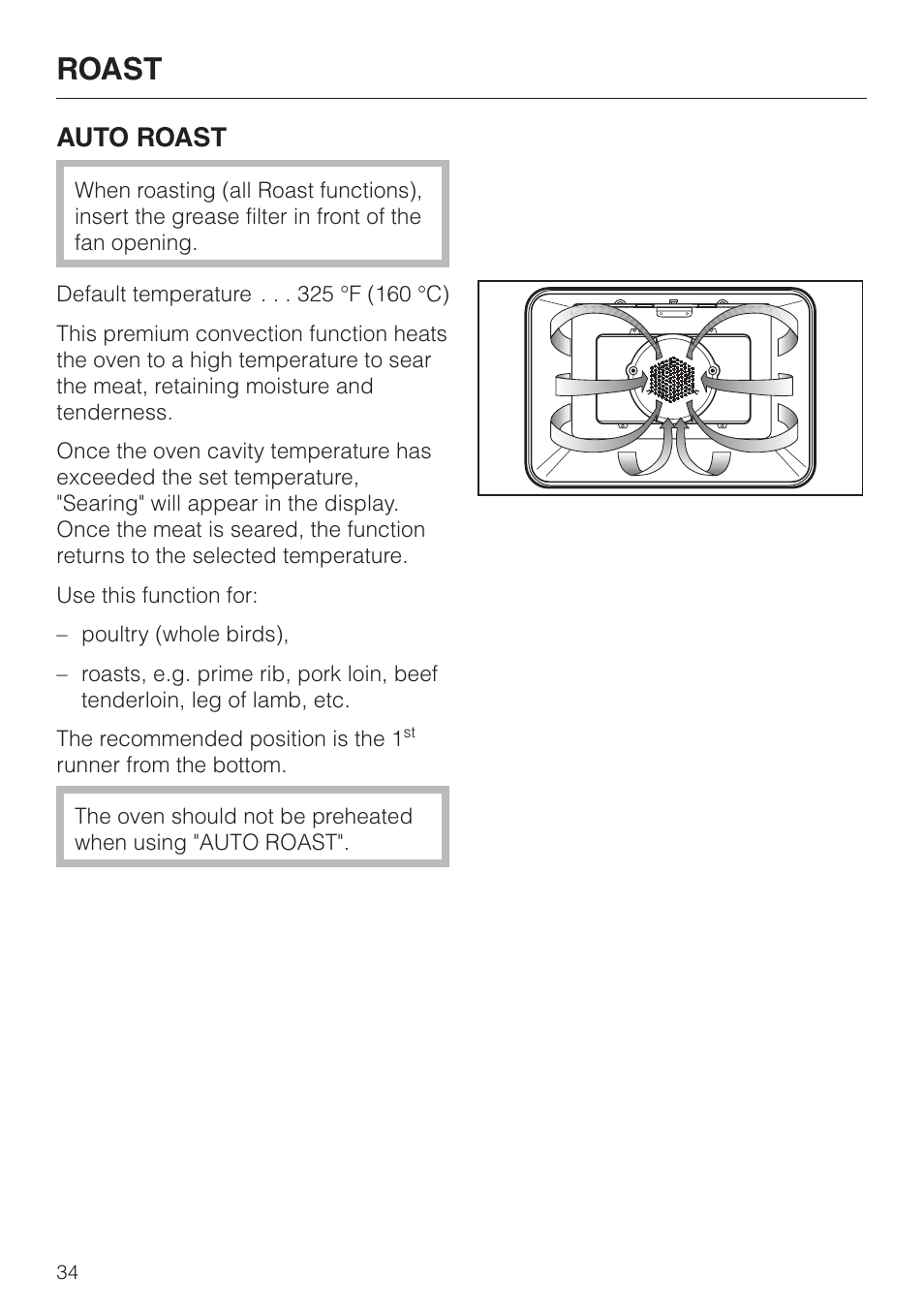 Roast 34, Roast, Auto roast | Miele H4880B User Manual | Page 34 / 76