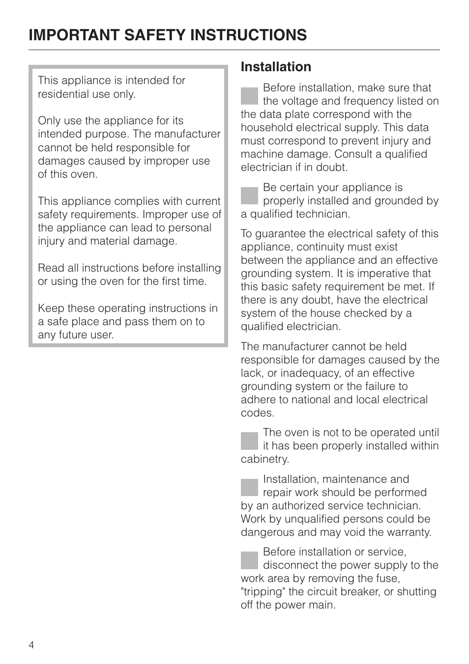 Important safety instructions 4, Important safety instructions, Installation | Miele H4880B User Manual | Page 4 / 76
