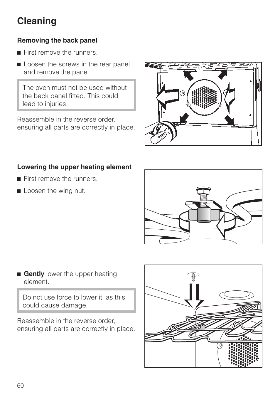 Removing the back panel 60, Lowering the upper heating element 60, Cleaning | Miele H4880B User Manual | Page 60 / 76