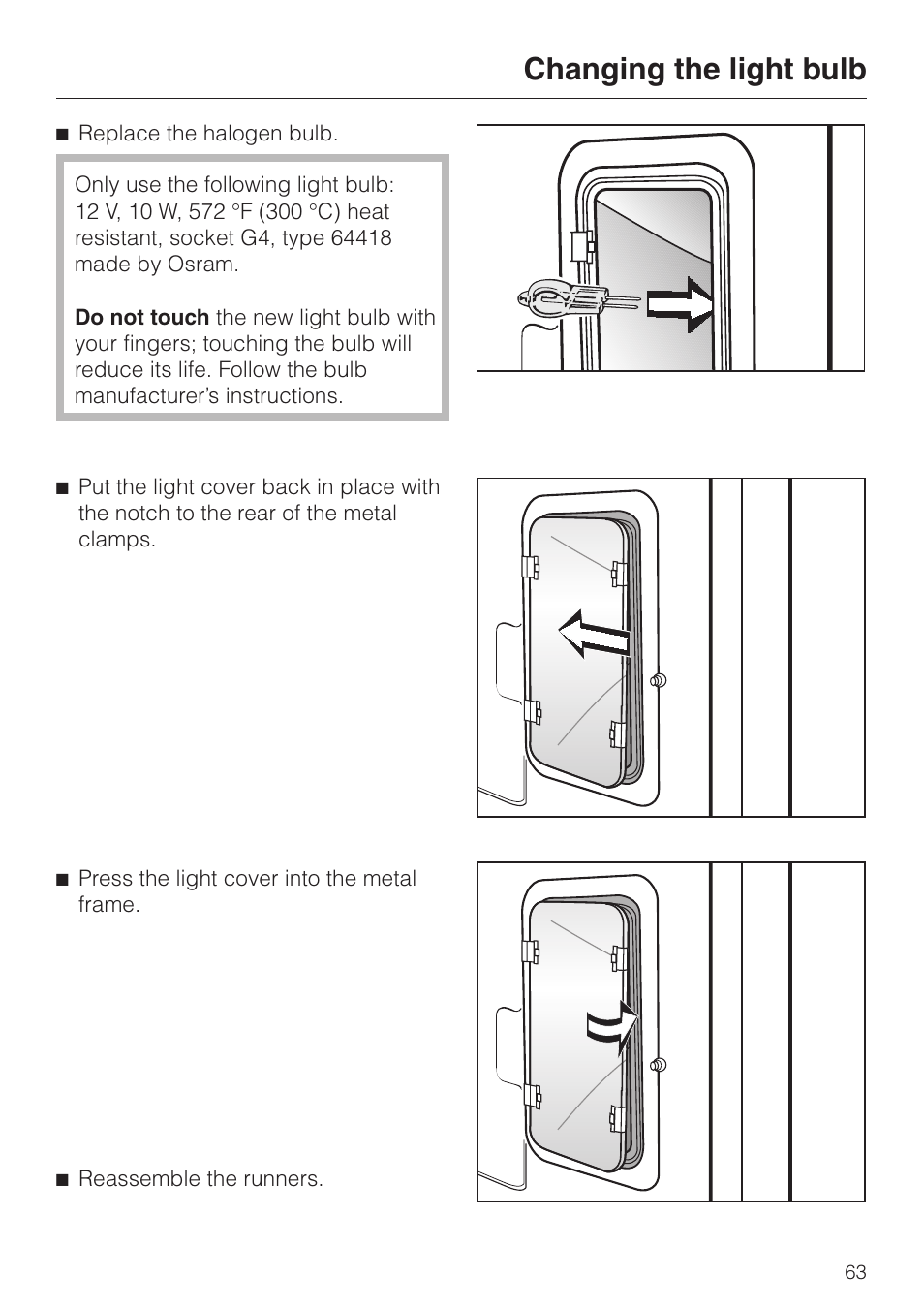 Changing the light bulb | Miele H4880B User Manual | Page 63 / 76
