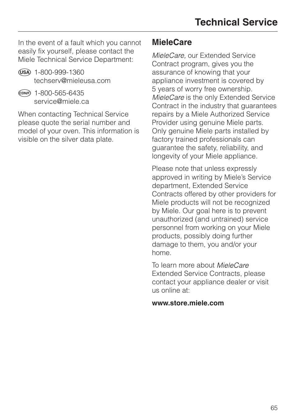 Technical service 65, Technical service, Mielecare | Miele H4880B User Manual | Page 65 / 76