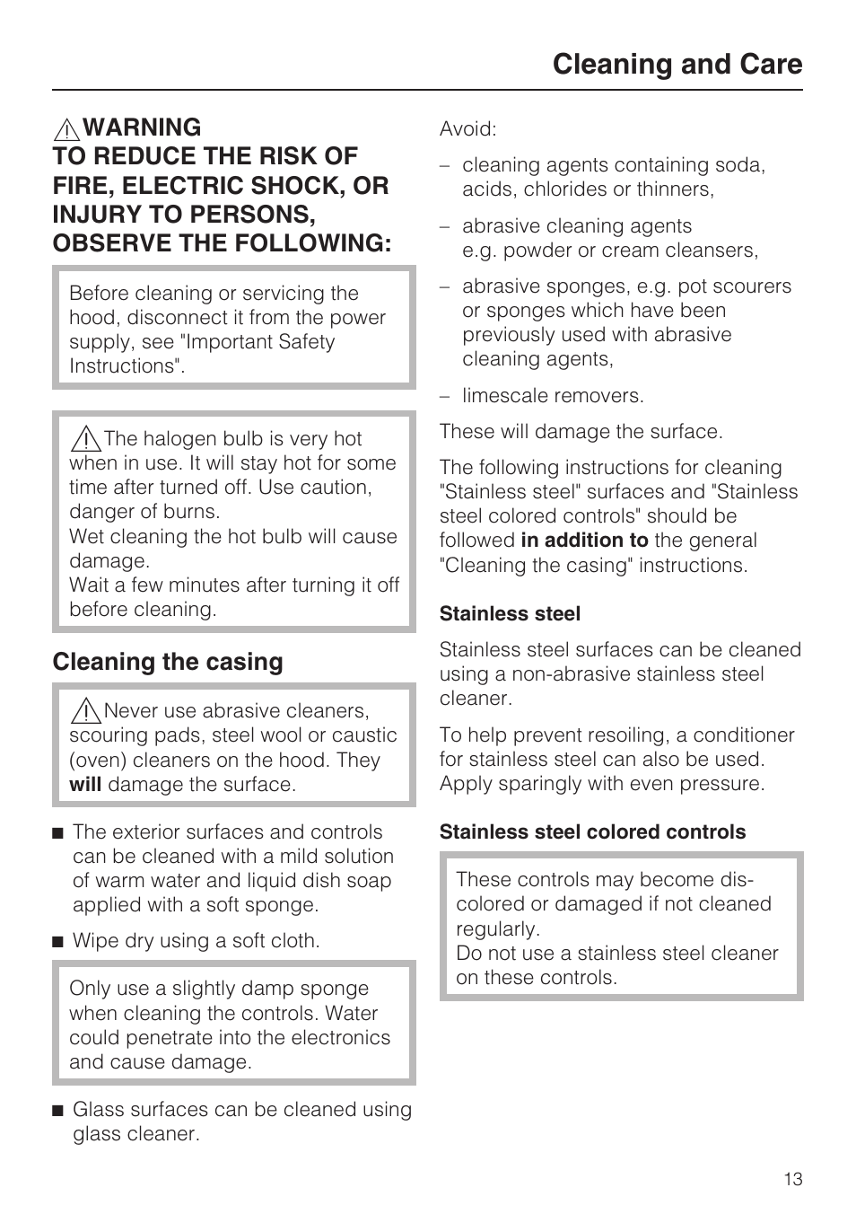 Cleaning and care 13, Cleaning the casing 13, Cleaning and care | Cleaning the casing | Miele DA5990W User Manual | Page 13 / 36