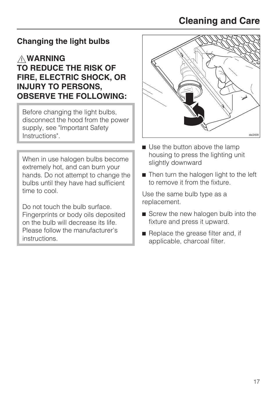 Changing the light bulbs 17, Cleaning and care | Miele DA5990W User Manual | Page 17 / 36