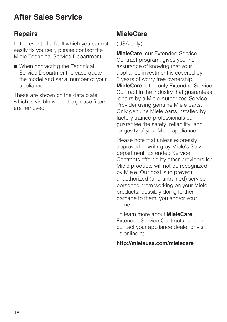 After sales service 18, After sales service, Repairs | Mielecare | Miele DA5990W User Manual | Page 18 / 36