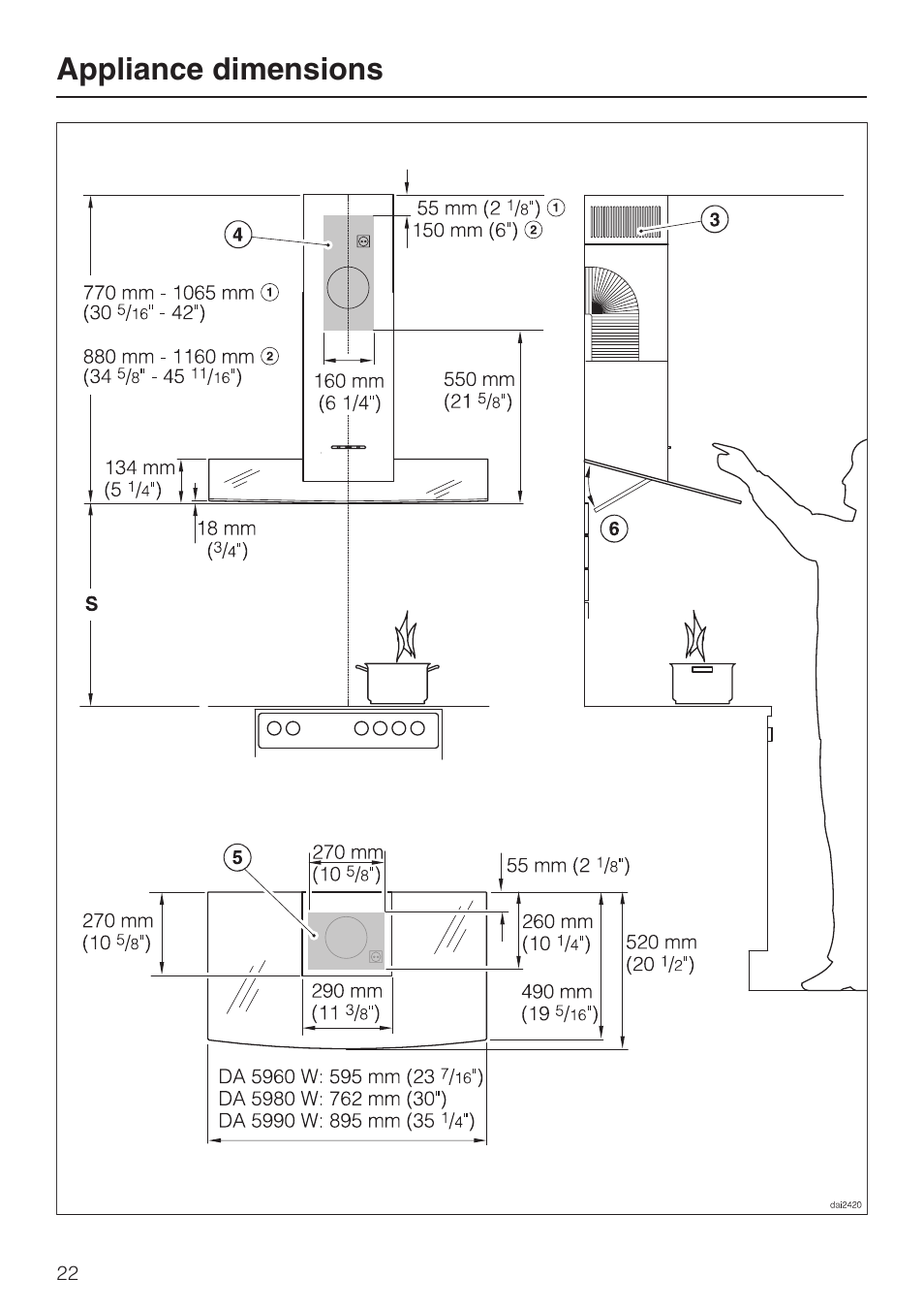 Appliance dimensions 22, Appliance dimensions | Miele DA5990W User Manual | Page 22 / 36