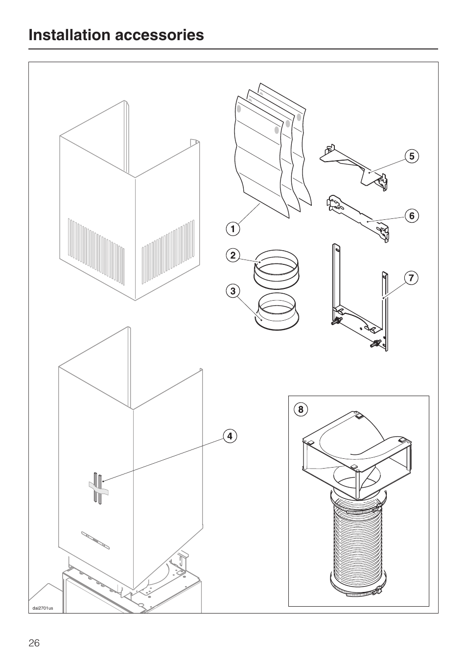 Installation accessories 26, Installation accessories | Miele DA5990W User Manual | Page 26 / 36