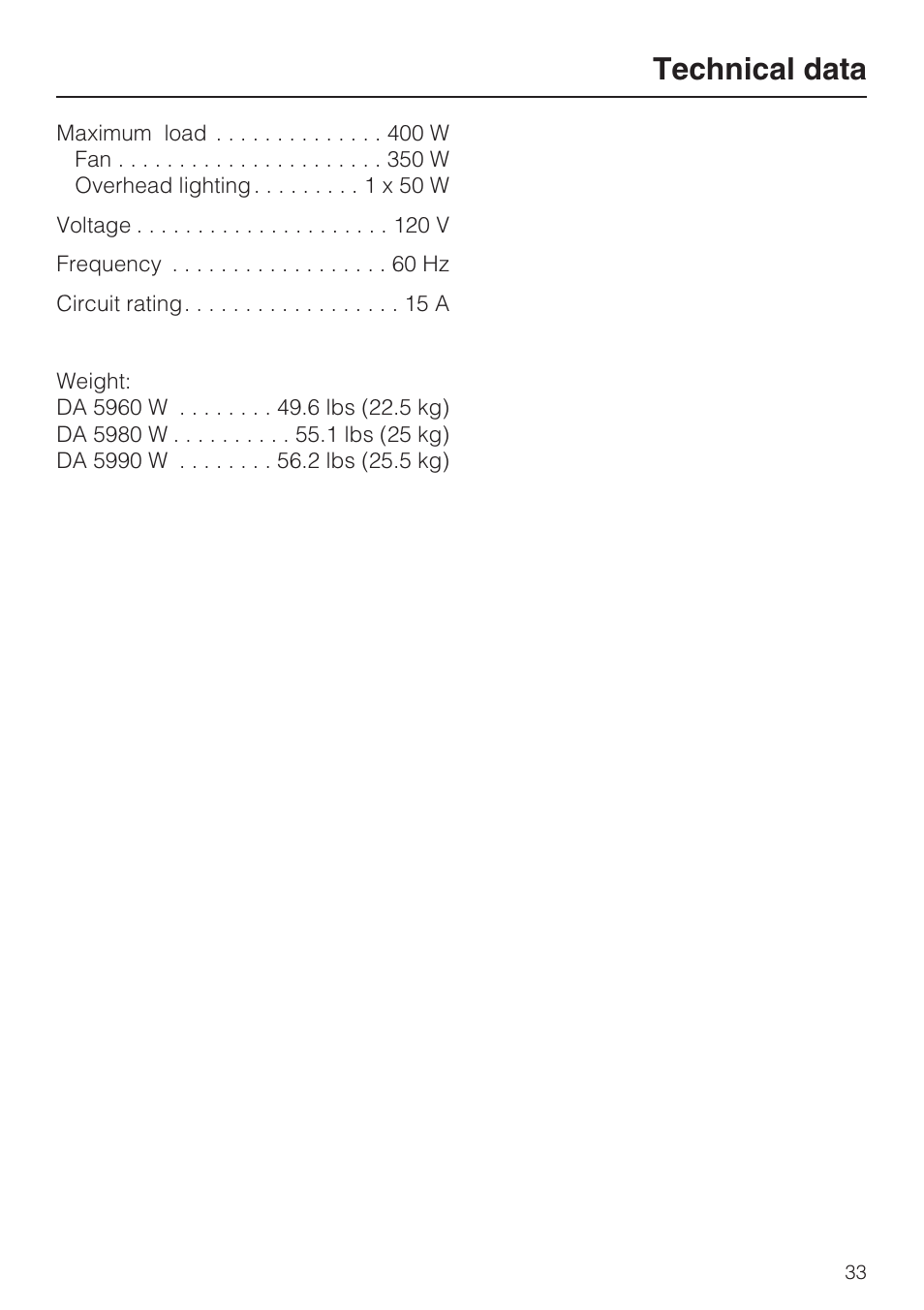 Technical data 33, Technical data | Miele DA5990W User Manual | Page 33 / 36