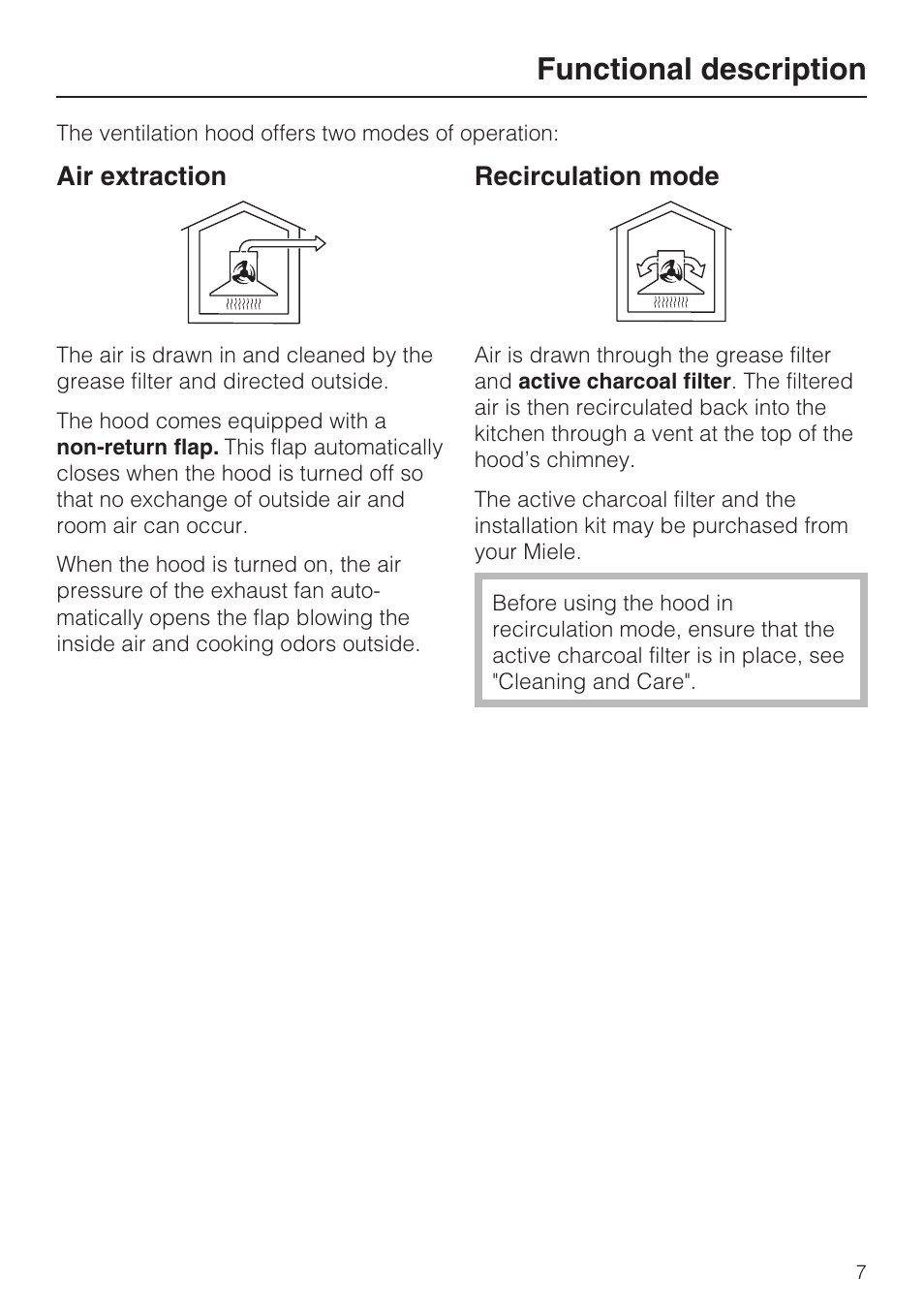 Functional description 7, Functional description, Air extraction | Recirculation mode | Miele DA5990W User Manual | Page 7 / 36