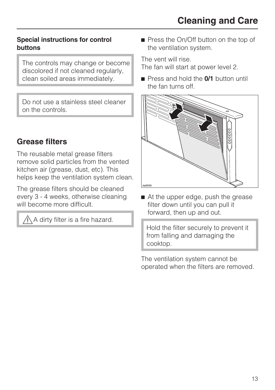 Grease filters 13, Cleaning and care, Grease filters | Miele DAG 500 User Manual | Page 13 / 40