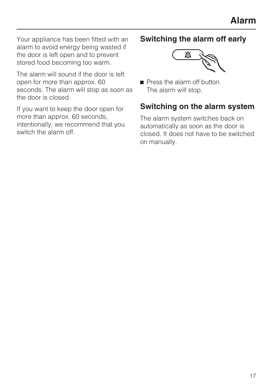 Alarm 17, Switching the alarm off early 17, Switching on the alarm system 17 | Alarm | Miele K 9557 iD User Manual | Page 17 / 48