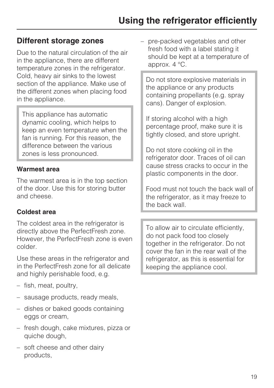 Using the refrigerator efficiently 19, Different storage zones 19, Using the refrigerator efficiently | Different storage zones | Miele K 9557 iD User Manual | Page 19 / 48