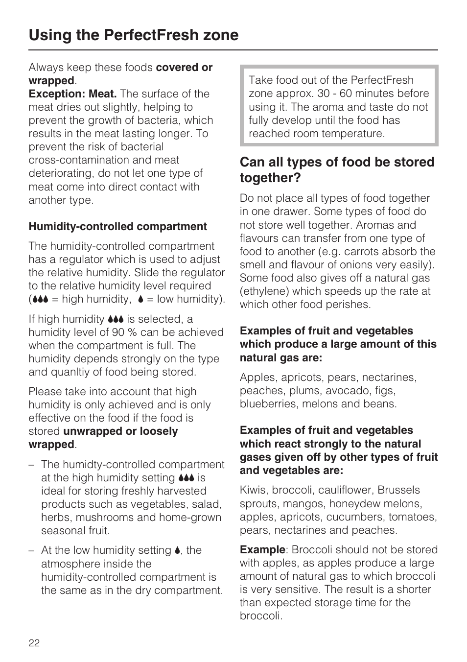 Humidity-controlled compartment 22, Using the perfectfresh zone, Can all types of food be stored together | Miele K 9557 iD User Manual | Page 22 / 48