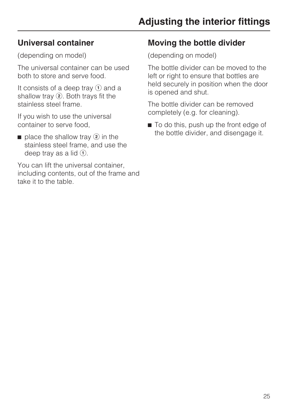 Universal container 25, Moving the bottle divider 25, Adjusting the interior fittings | Universal container, Moving the bottle divider | Miele K 9557 iD User Manual | Page 25 / 48