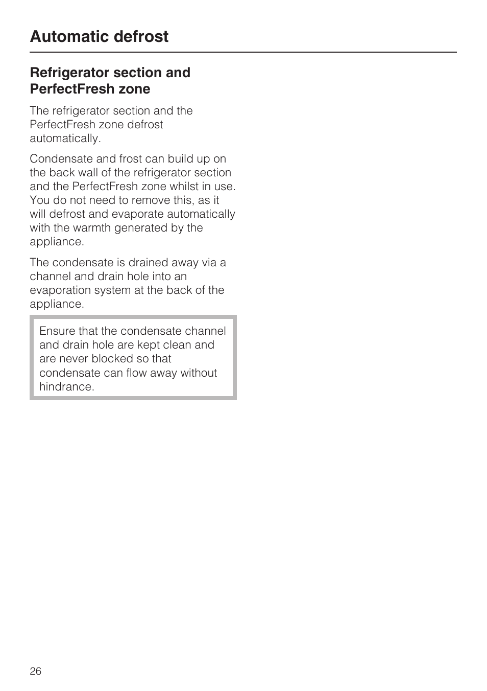 Automatic defrost 26, Refrigerator section and perfectfresh zone 26, Automatic defrost | Miele K 9557 iD User Manual | Page 26 / 48