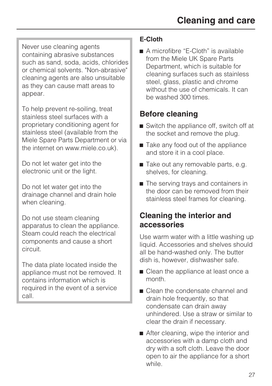 Cleaning and care 27, Cleaning the interior and accessories 27, Cleaning and care | Before cleaning, Cleaning the interior and accessories | Miele K 9557 iD User Manual | Page 27 / 48