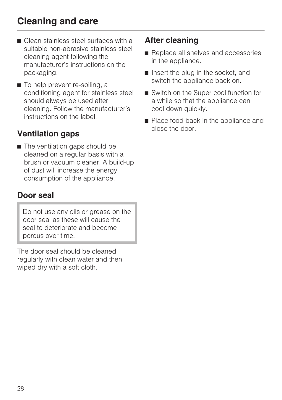 Ventilation gaps 28, Door seal 28, Cleaning and care | Ventilation gaps, Door seal, After cleaning | Miele K 9557 iD User Manual | Page 28 / 48