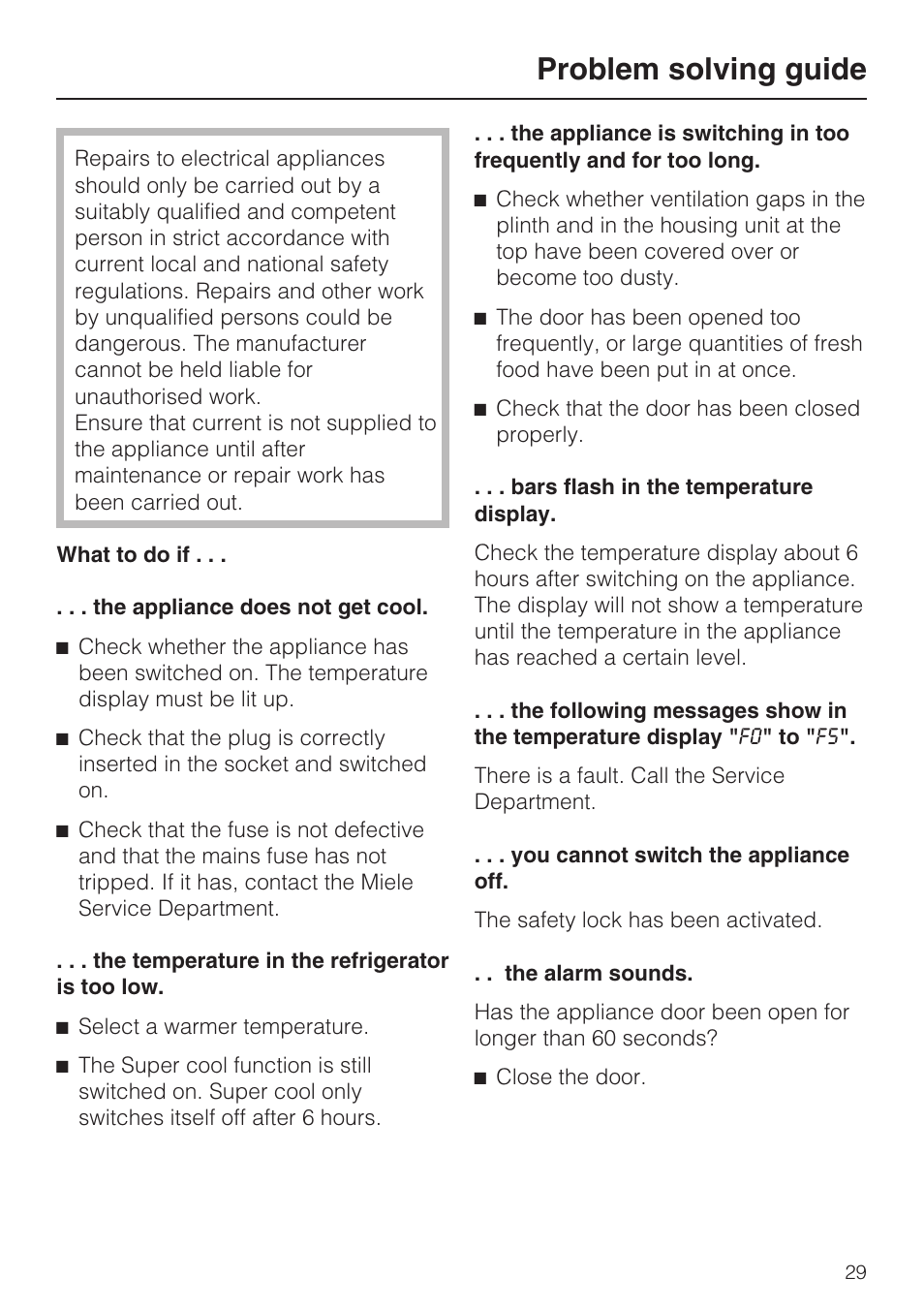 Problem solving guide 29, Problem solving guide | Miele K 9557 iD User Manual | Page 29 / 48