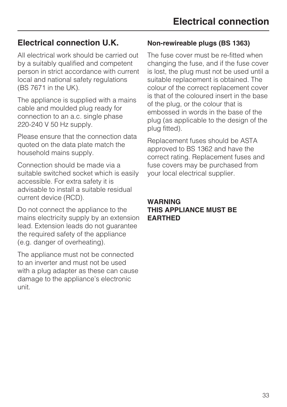 Electrical connection 33, Electrical connection, Electrical connection u.k | Miele K 9557 iD User Manual | Page 33 / 48