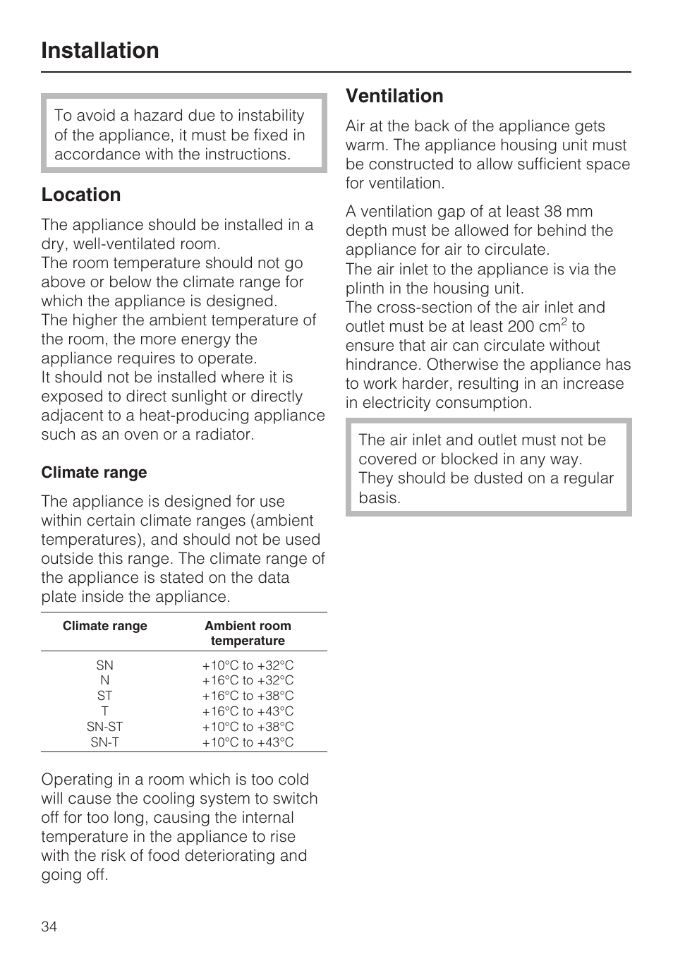 Installation 34, Location 34, Climate range 34 | Ventilation 34, Installation, Location, Ventilation | Miele K 9557 iD User Manual | Page 34 / 48