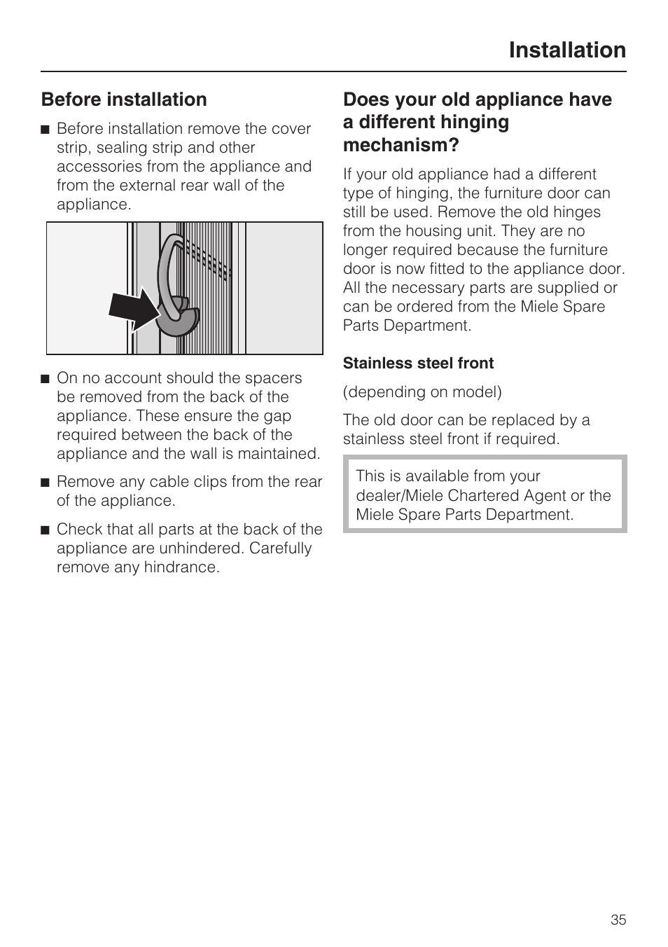 Before installation 35, Stainless steel front 35, Installation | Before installation | Miele K 9557 iD User Manual | Page 35 / 48