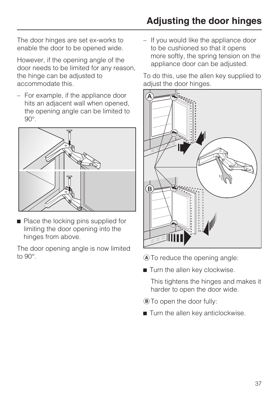 Adjusting the door hinges 37, Adjusting the door hinges | Miele K 9557 iD User Manual | Page 37 / 48