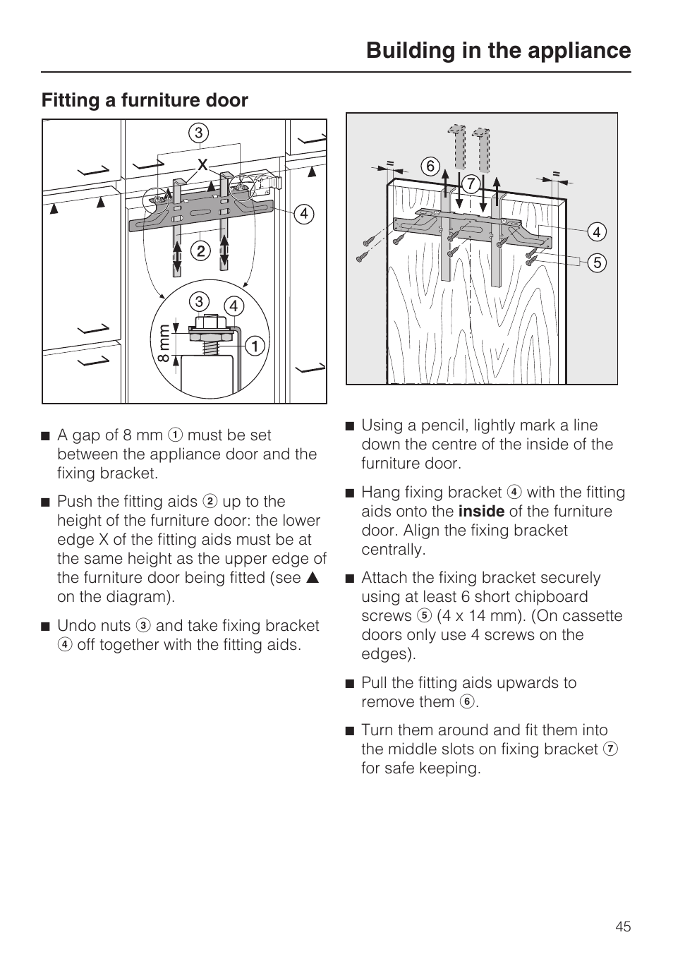 Fitting a furniture door 45, Building in the appliance, Fitting a furniture door | Miele K 9557 iD User Manual | Page 45 / 48