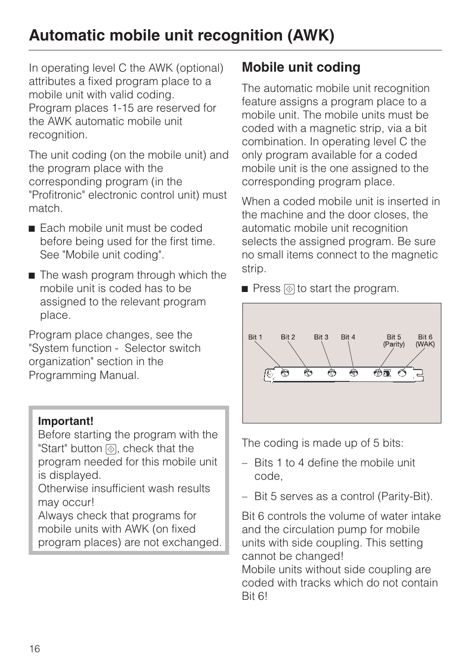 Automatic mobile unit recognition (awk) 16, Mobile unit coding 16, Automatic mobile unit recognition (awk) | Mobile unit coding | Miele G 7827 User Manual | Page 16 / 48