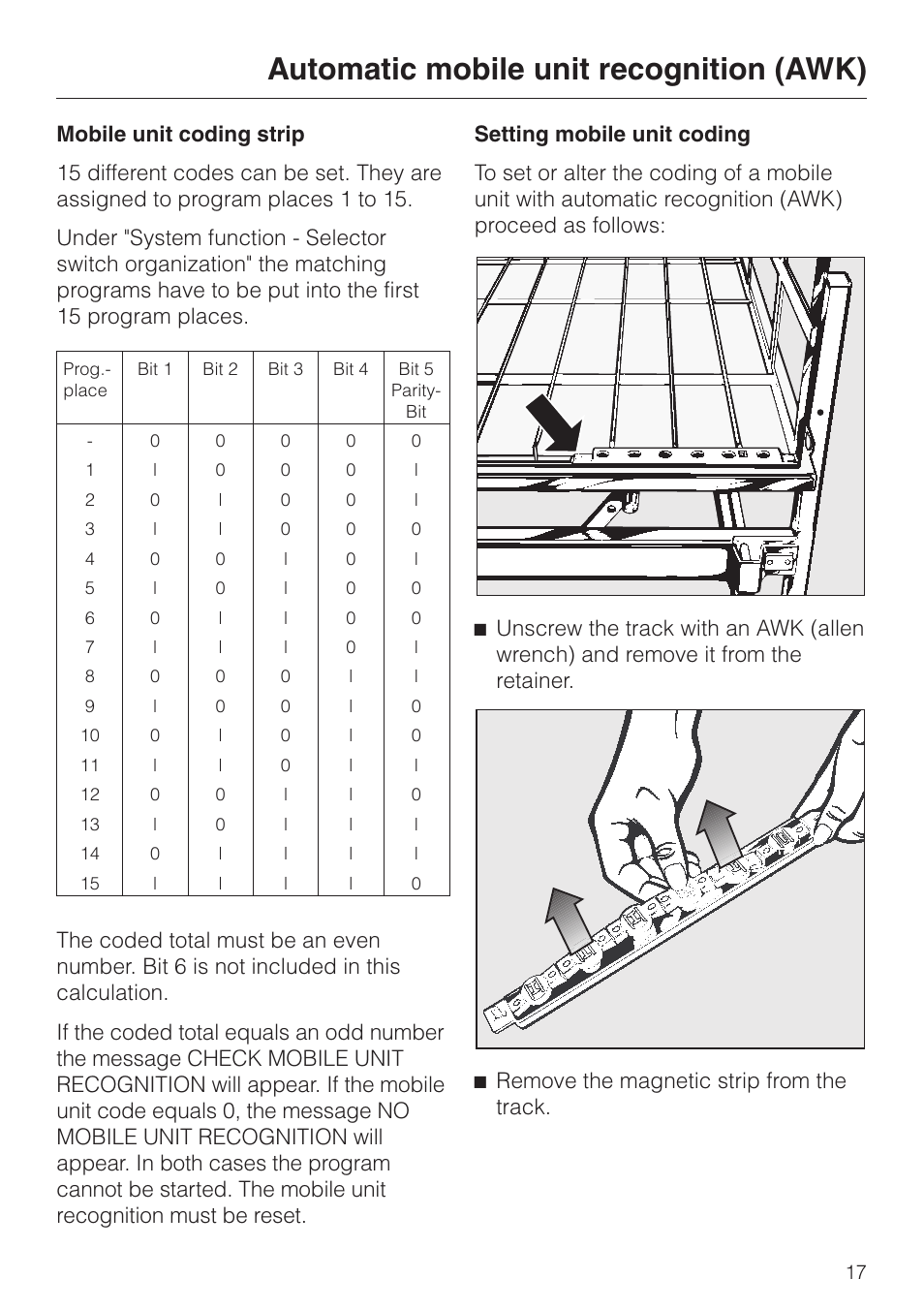 Setting mobile unit coding 17, Automatic mobile unit recognition (awk) | Miele G 7827 User Manual | Page 17 / 48