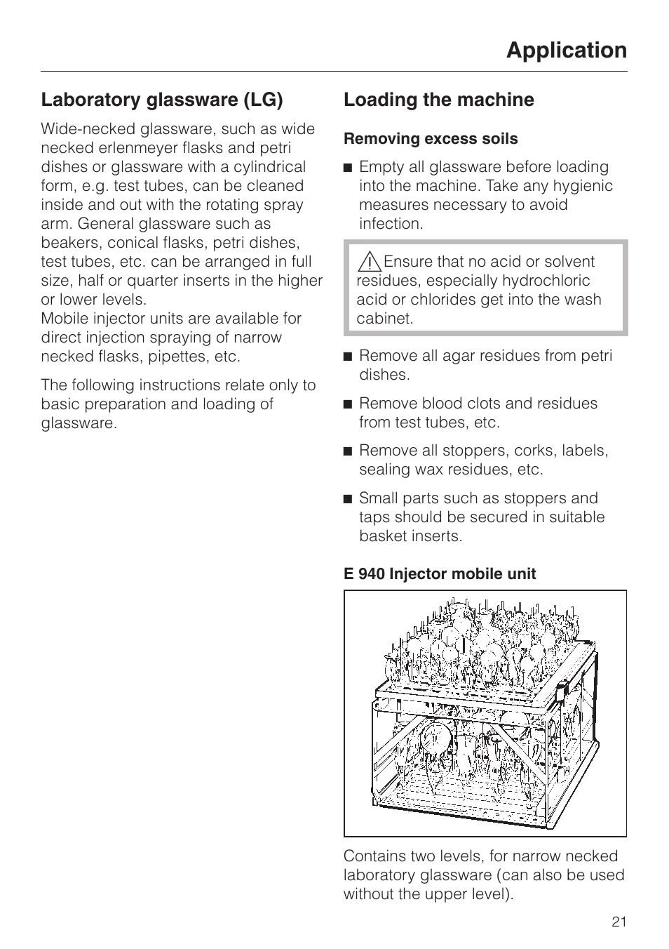 Laboratory glassware (lg) 21, Application, Laboratory glassware (lg) | Loading the machine | Miele G 7827 User Manual | Page 21 / 48