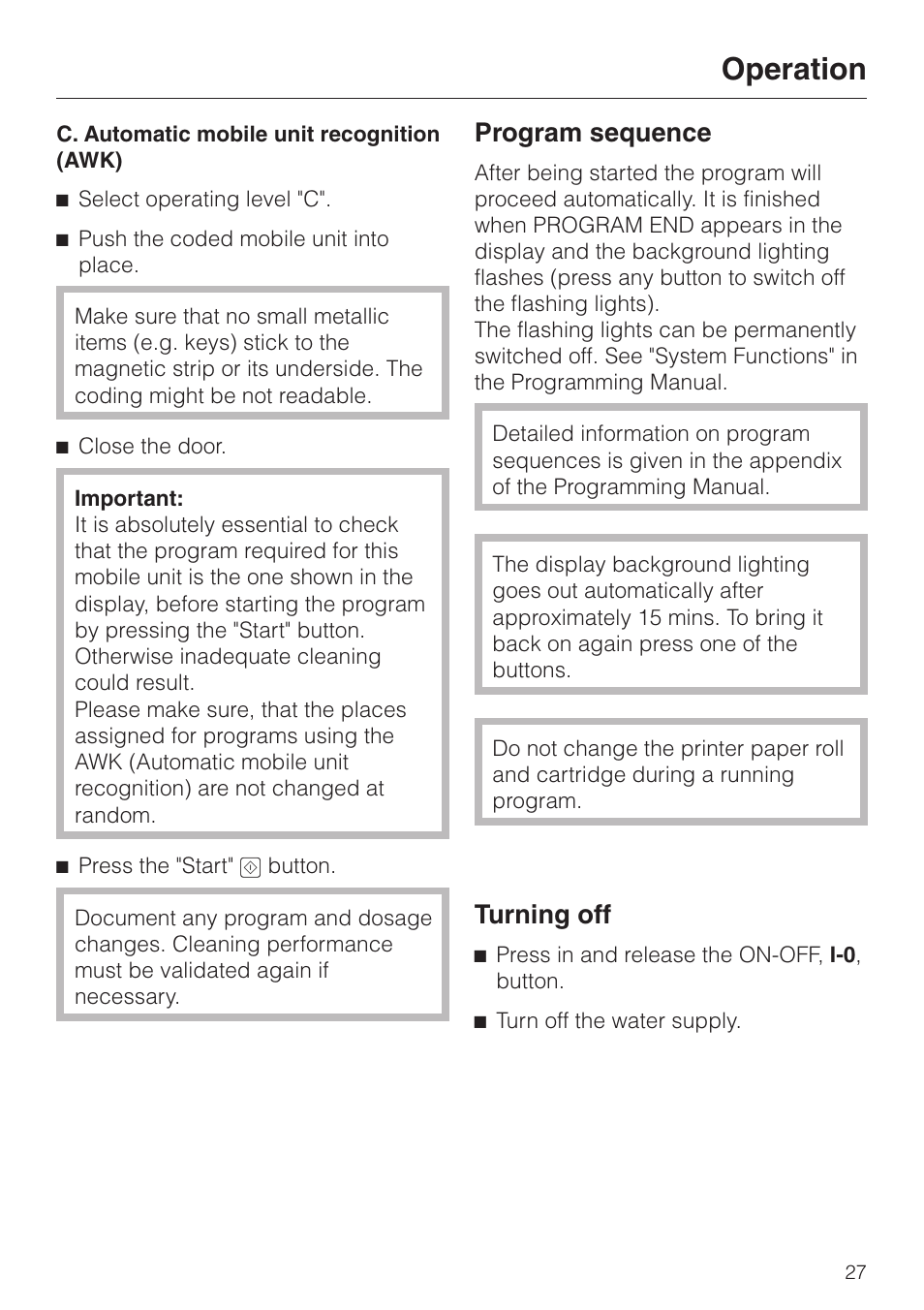 Program sequence 27, Turning off 27, Operation | Program sequence, Turning off | Miele G 7827 User Manual | Page 27 / 48