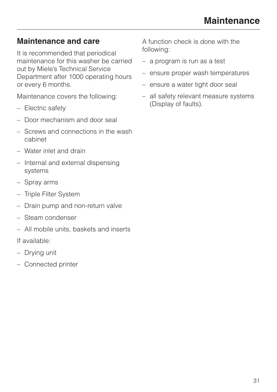 Maintenance 31, Maintenance and care 31, Maintenance | Maintenance and care | Miele G 7827 User Manual | Page 31 / 48