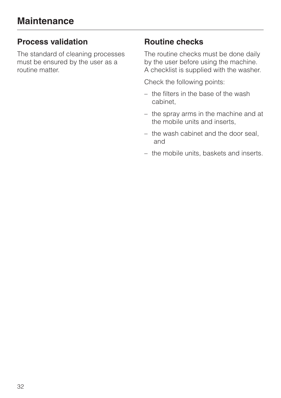 Process validation 32, Routine checks 32, Maintenance | Process validation, Routine checks | Miele G 7827 User Manual | Page 32 / 48