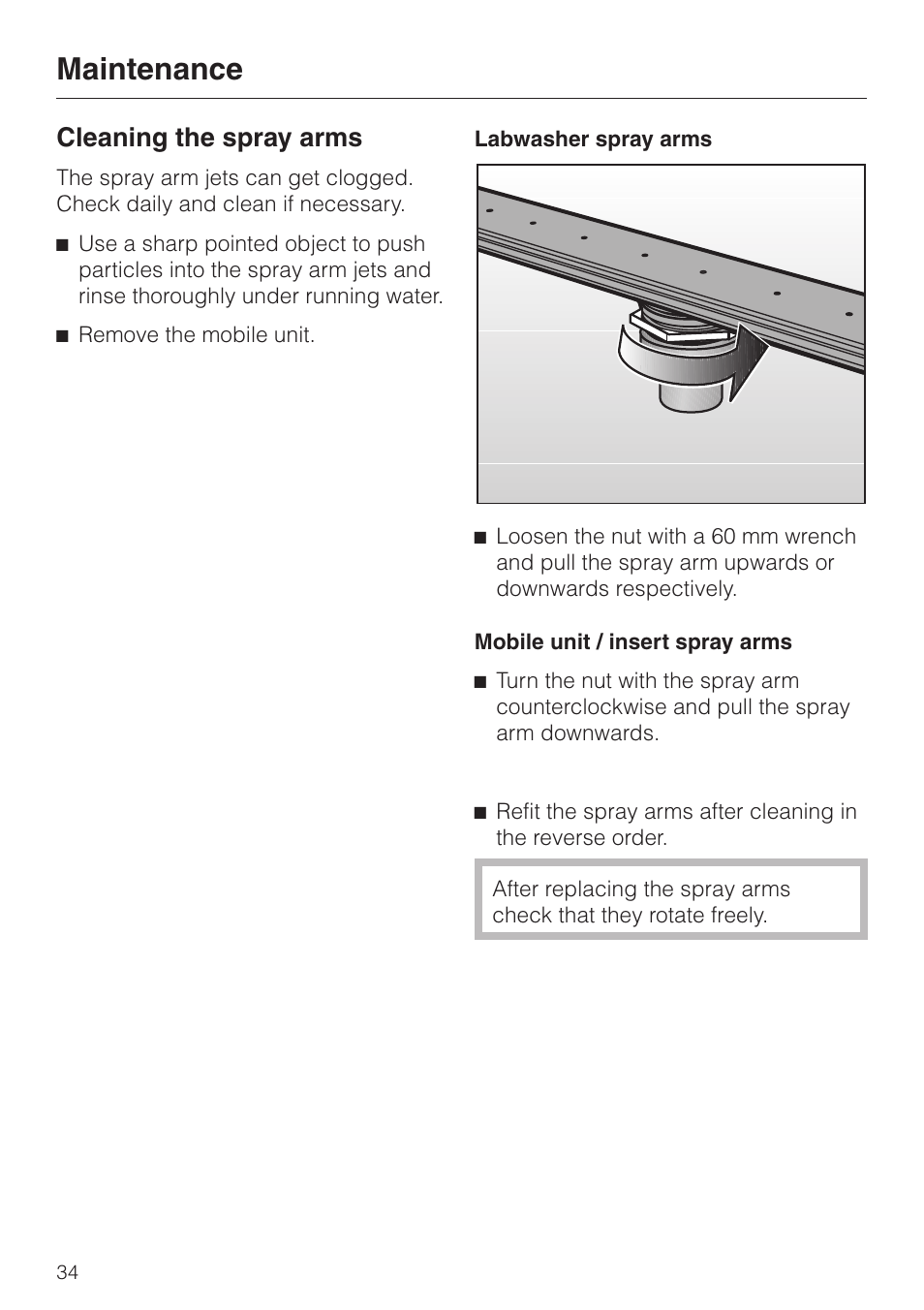 Cleaning the spray arms 34, Maintenance, Cleaning the spray arms | Miele G 7827 User Manual | Page 34 / 48