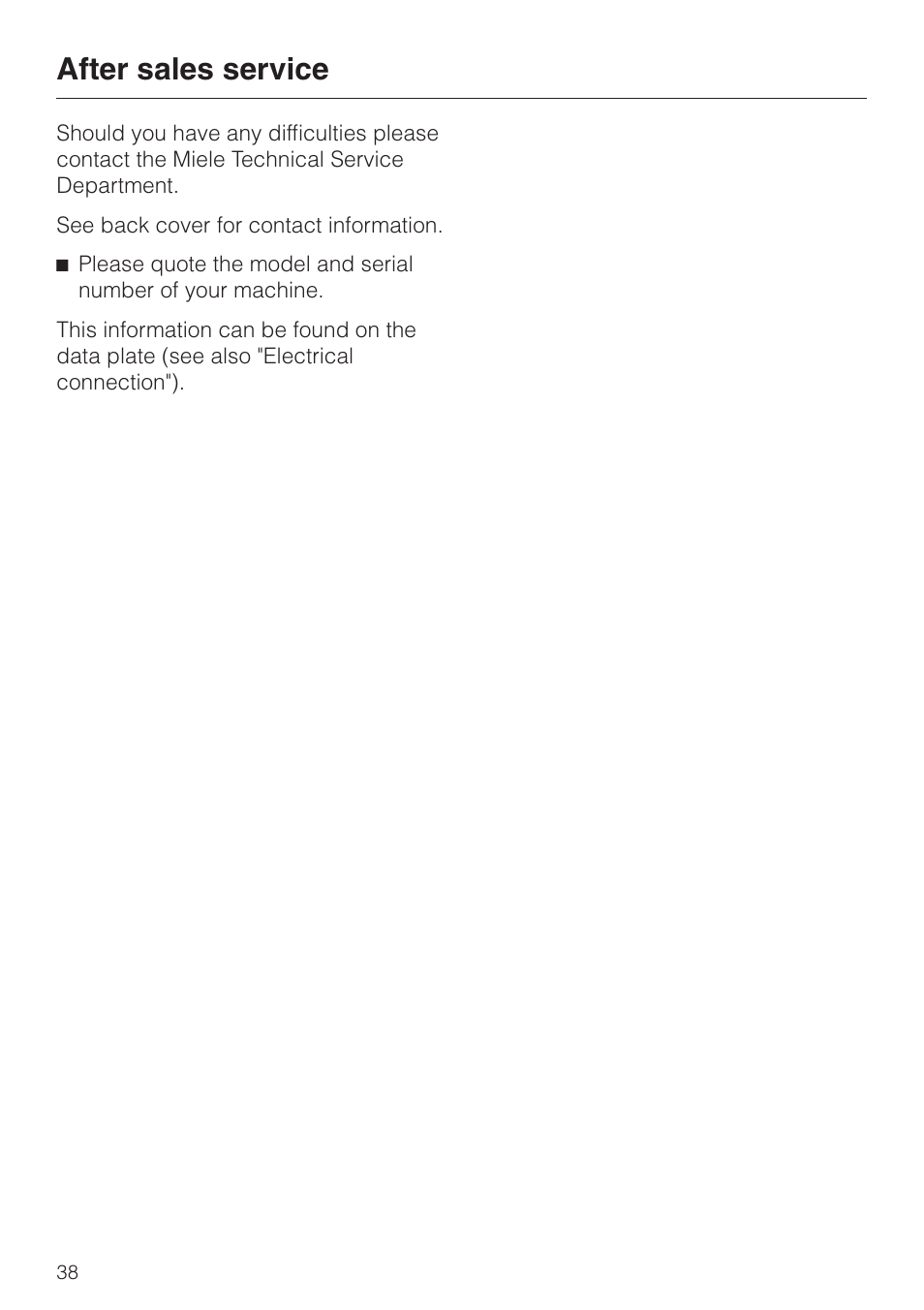 After sales service 38, After sales service | Miele G 7827 User Manual | Page 38 / 48