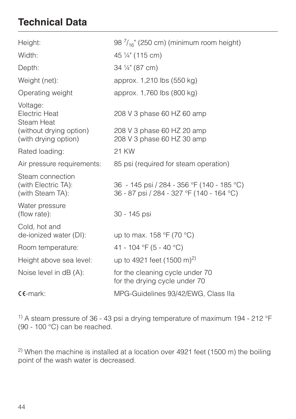 Technical data 44, Technical data | Miele G 7827 User Manual | Page 44 / 48