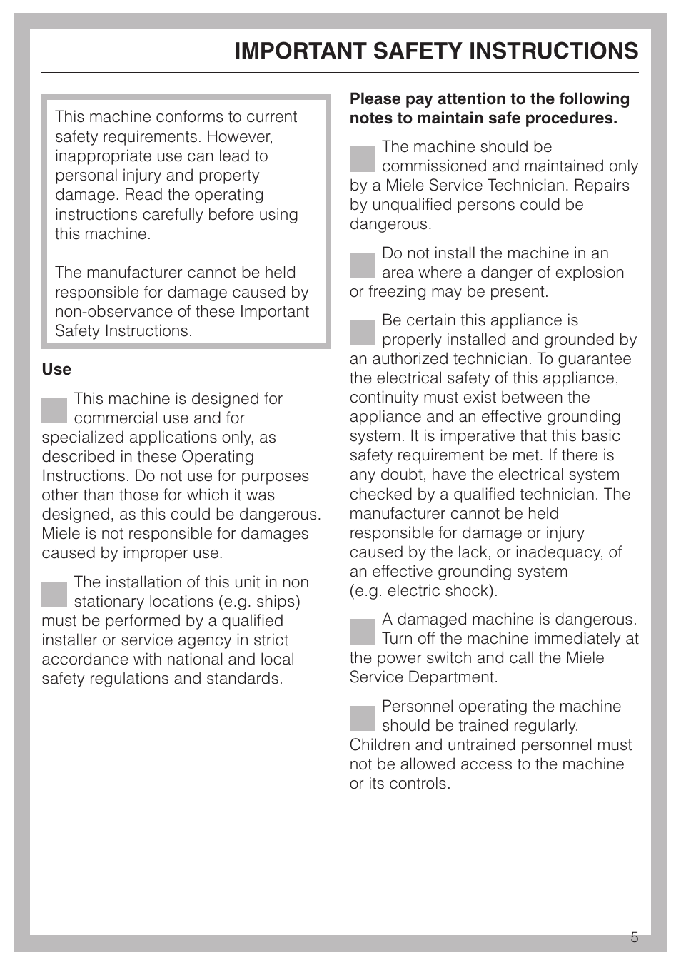 Important safety instructions 5, Important safety instructions | Miele G 7827 User Manual | Page 5 / 48